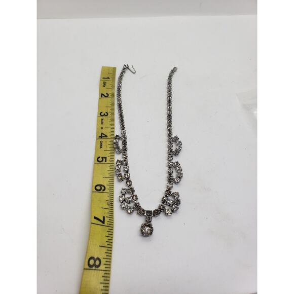 Vintage Rhinestone Necklace Silver Tone Bib Clear Crystal Drop Bridal J Hook - Picture 4 of 8